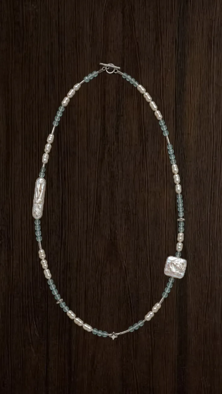 Necklace Acvamarin · Square Pearl — polished aquamarine · square baroque pearl