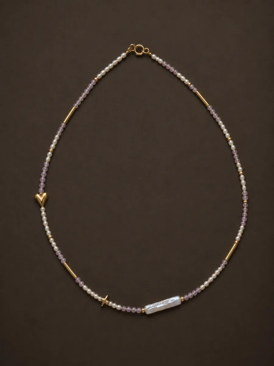 Colier Lilac · Clasic — perle albe · lila delicat · inserții aurii