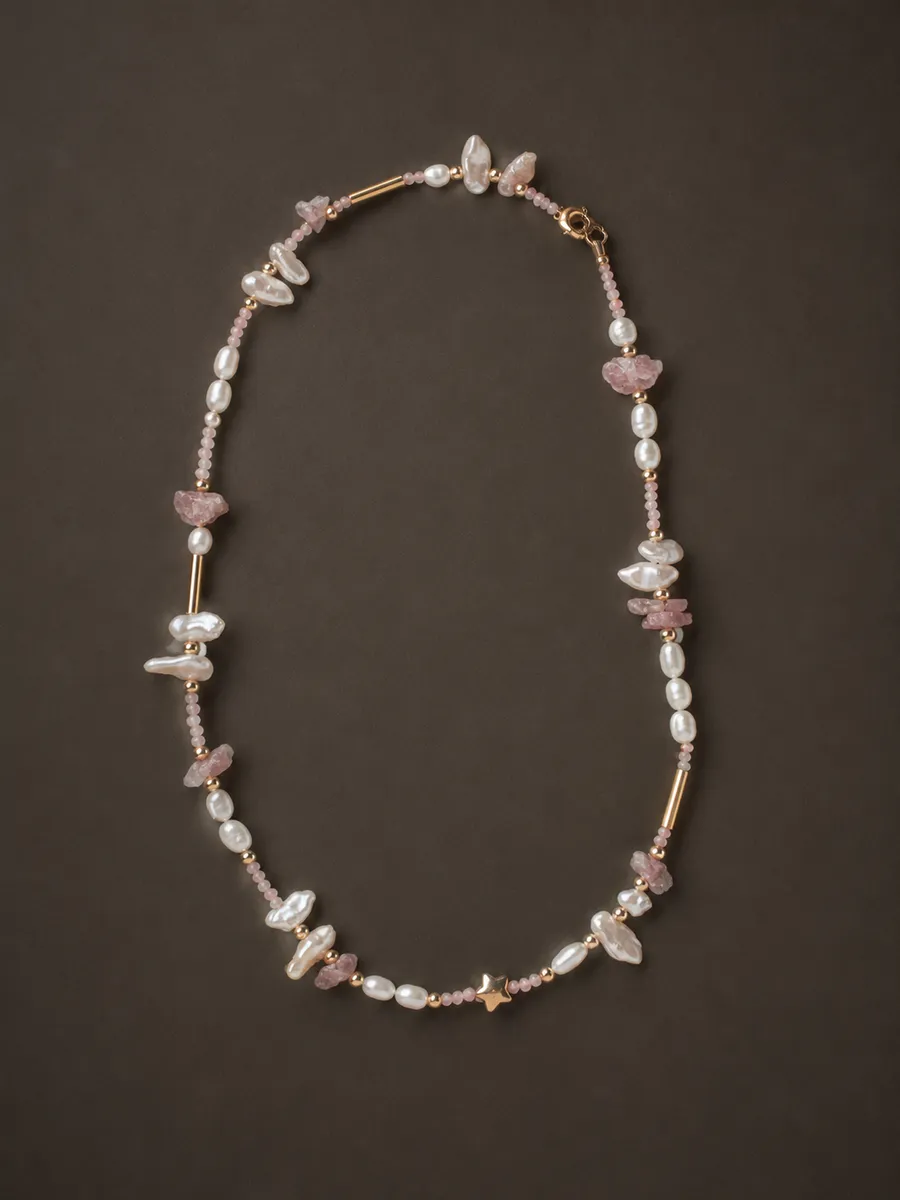 Colier Lilac · Fericit — cuarț roz brut · perle baroc