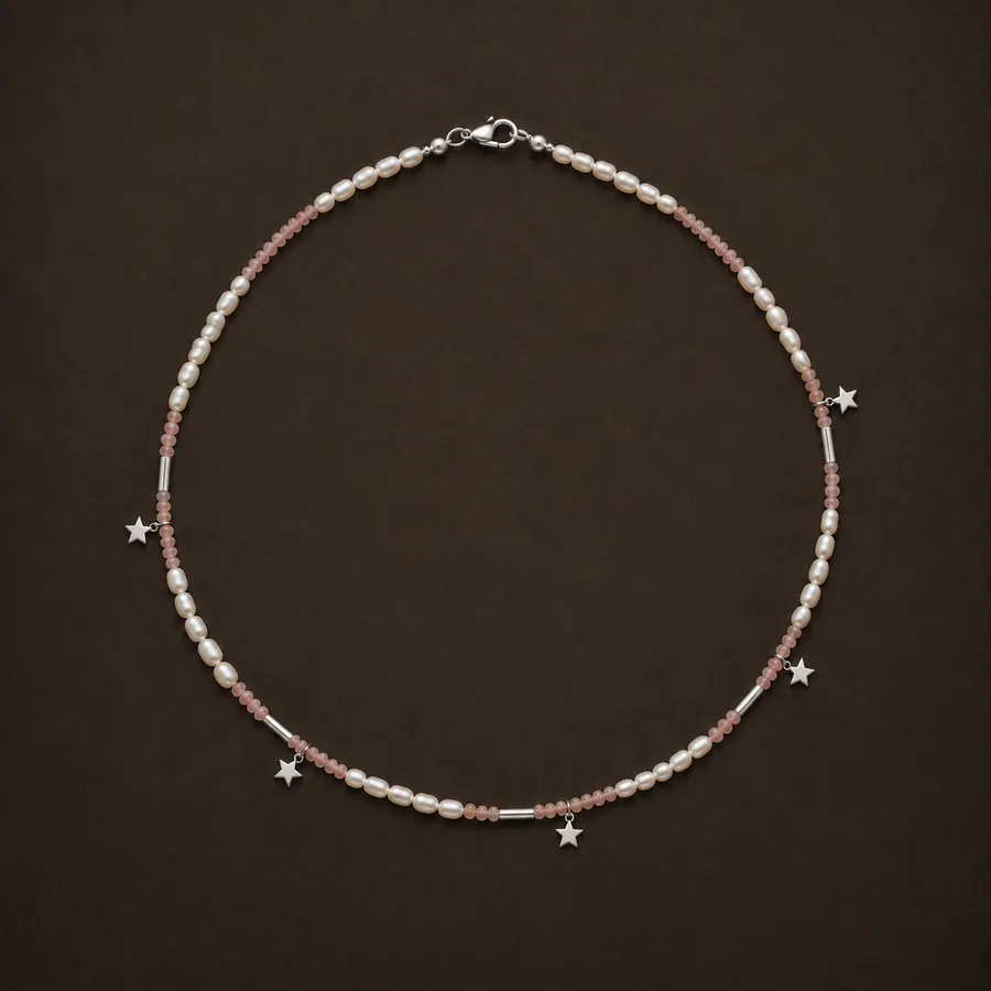 Colier Lilac · Stele — perle albe · roz pudrat · steluțe argintii